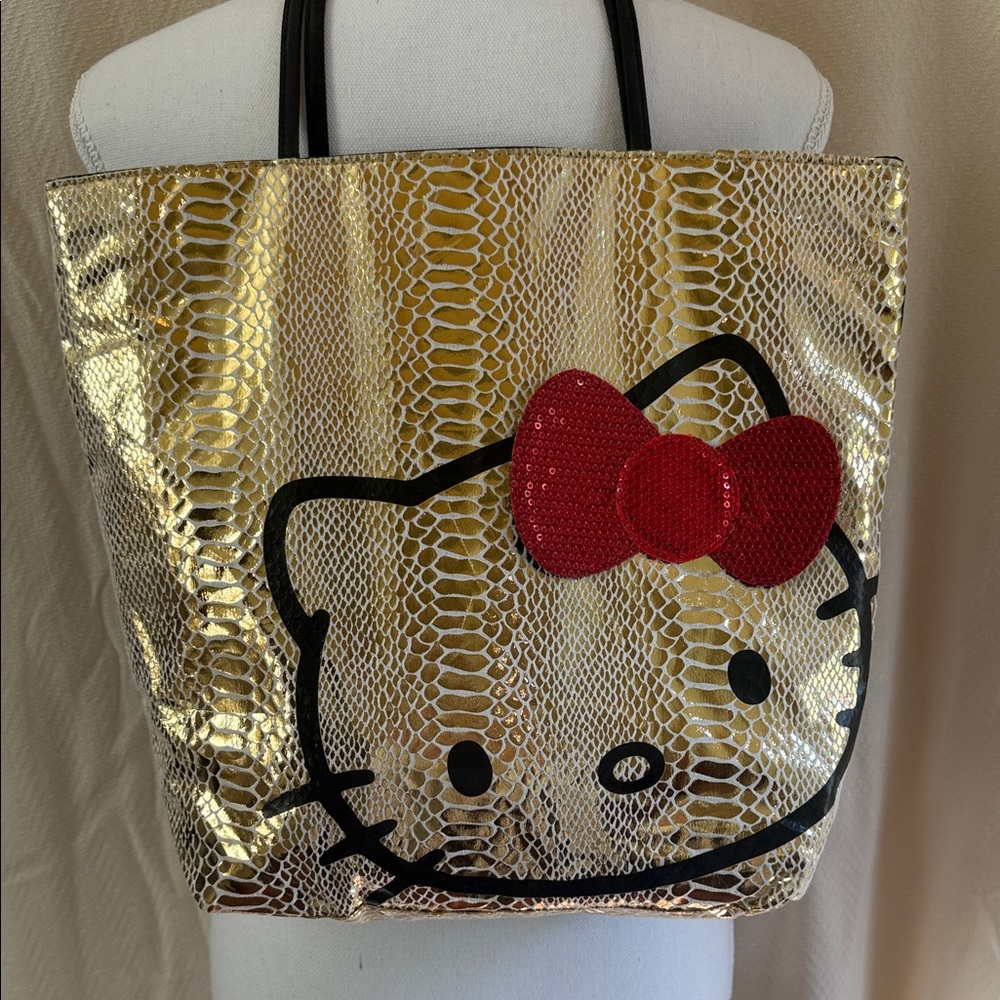 Hello Kitty Gold Faux Snakeskin Tote with Sequin Red Bow